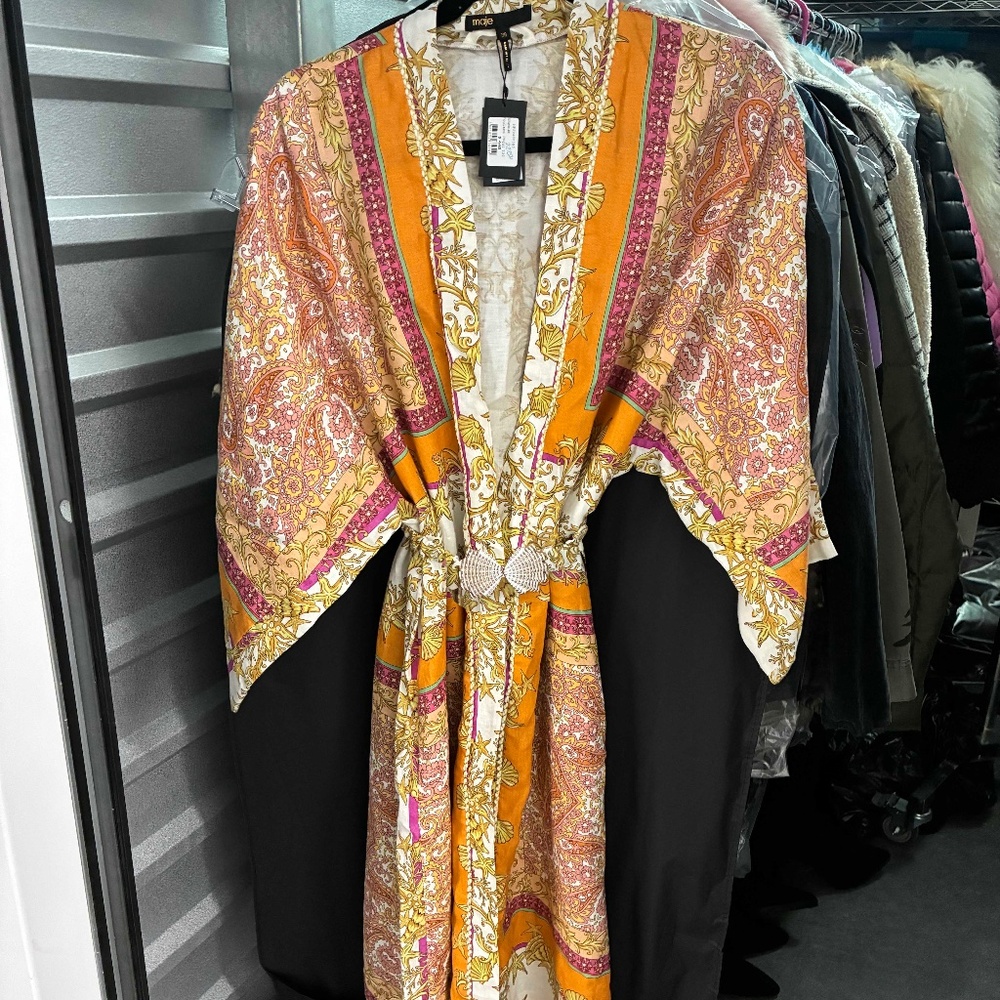 Maje Linen Caftan Tunic in Beachy Botanical Print with Gilded Ceramic Shell Belt